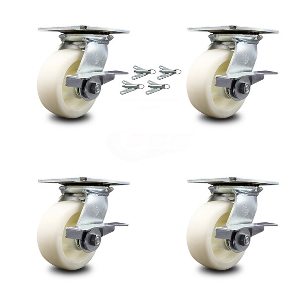 5 Inch Nylon Caster Set with Roller Bearing and Brakes/Swivel Locks SCC